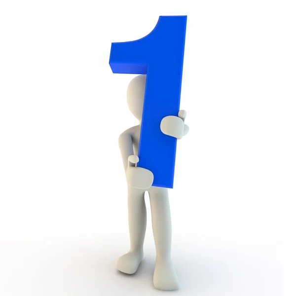 Personaje humano 3D sosteniendo azul número uno — Foto de Stock