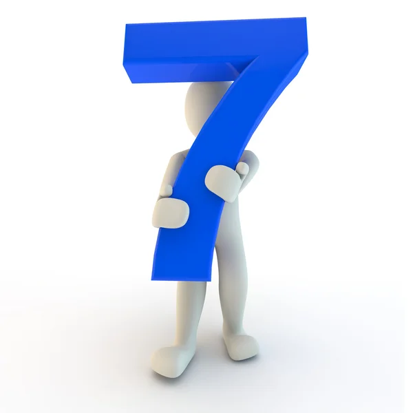 3D lidská postava drží modré číslo sedm — Stock fotografie
