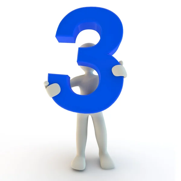 3d menschliche Figur mit blauer Zahl drei — Stockfoto
