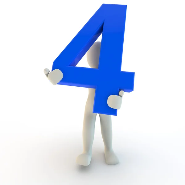3D mänskliga karaktären håller blå nummer fyra — Stockfoto