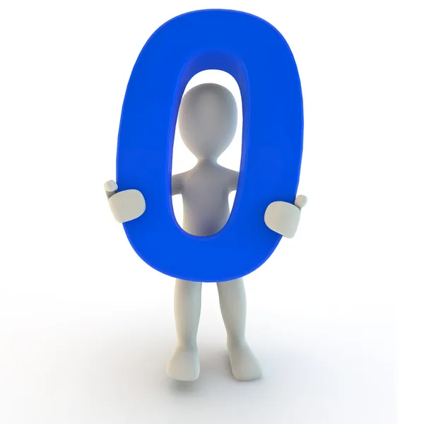3D ανθρώπινο χαρακτήρα που κατέχει μπλε αριθμό μηδέν — Φωτογραφία Αρχείου