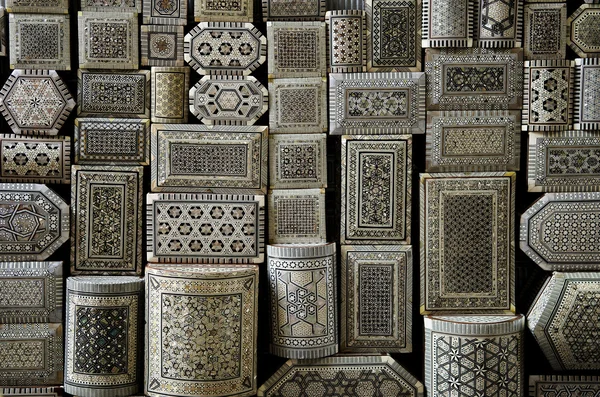 Decorated souvenir boxes in cairo egypt souk market — Stock Photo, Image