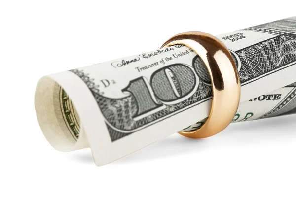 Billete de dólar en un anillo de oro — Foto de Stock