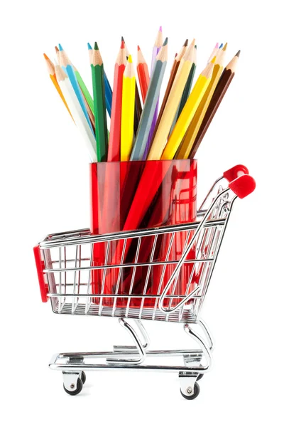 Carrinho de compras com muitos lápis — Fotografia de Stock