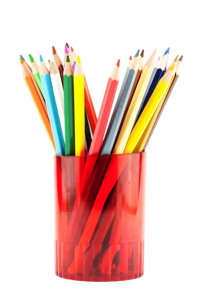 Muitos lápis em copo vermelho — Fotografia de Stock