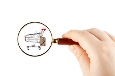 Magnifying glass & shopping trolley clipart