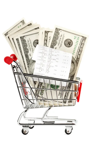 Recibo e dinheiro no carrinho de compras — Fotografia de Stock