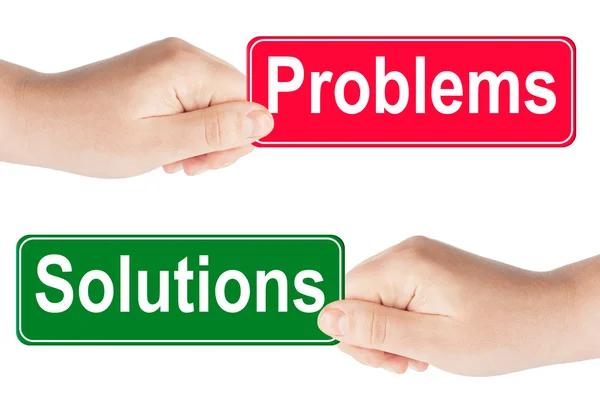 Problemen en oplossingen verkeersbord in de hand — Stockfoto