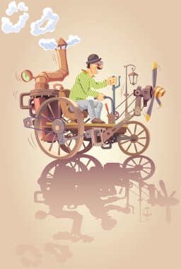Inventor and his steam car clipart