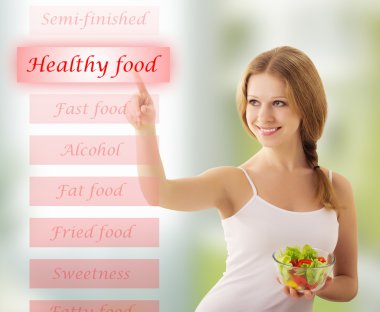 Beautiful girl with vegetable salad choose healthy food clipart