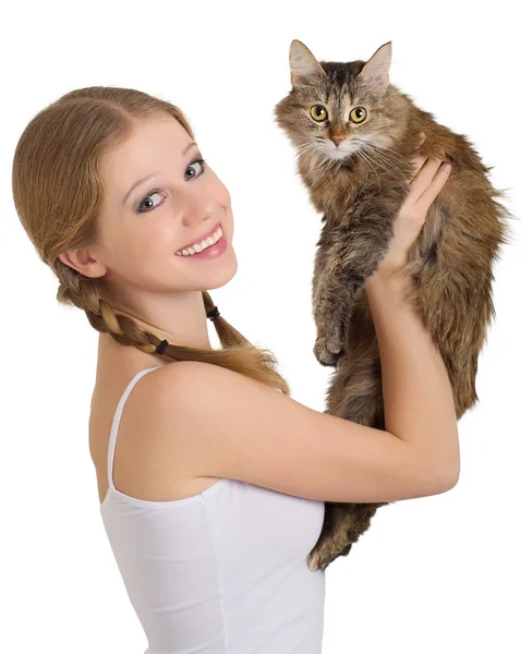 솜 털 고양이와 예쁜 여자 — 스톡 사진