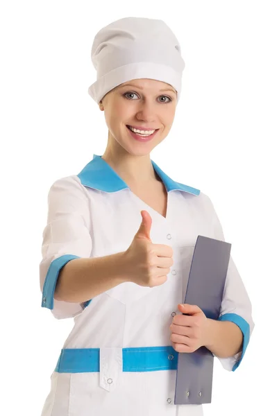 Spokojený úsměv samice mladé lékaře s palcem nahoru gesto — Stock fotografie