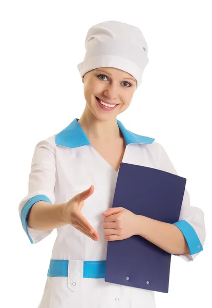 Привлекательная молодая женщина доктор пожимает руку — стоковое фото