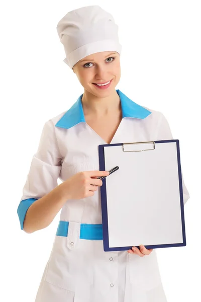 Woman doctor with an advertising tablet Royalty Free Stock Images