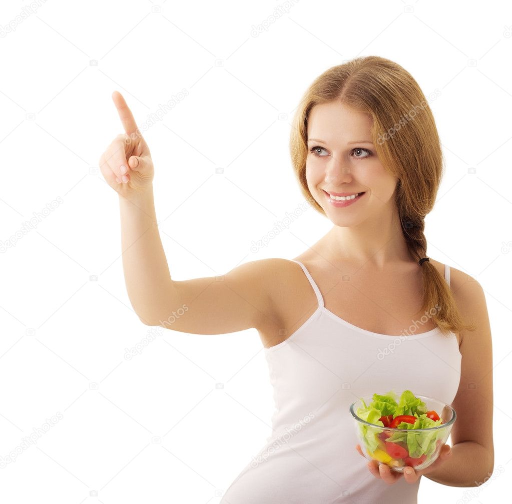 Beautiful girl with vegan salad on a white background