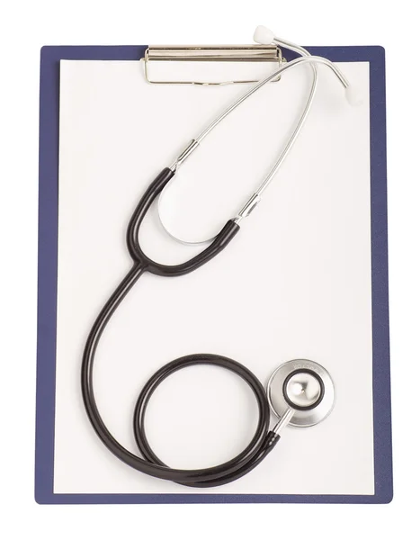 Worksheet with blank paper and stethoscope, isolated on white ba — Stock Photo, Image