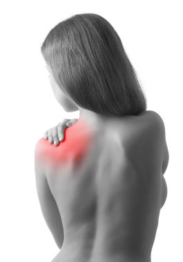 Rear view of a young woman holding her shoulder in pain, isolate clipart