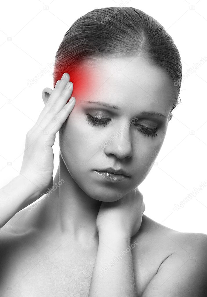 Woman with headache on white background