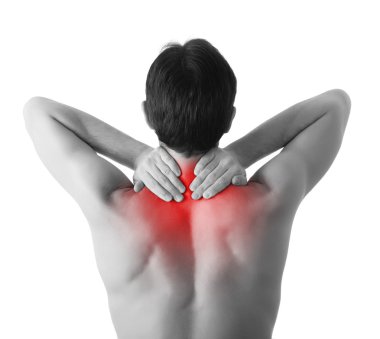 Rear view of a young man holding his neck in pain, isolated on w clipart