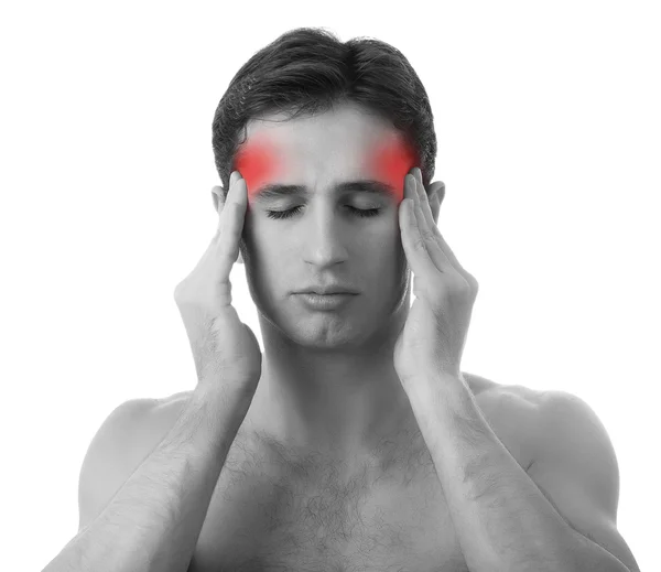 Homem com dor de cabeça no fundo branco — Fotografia de Stock