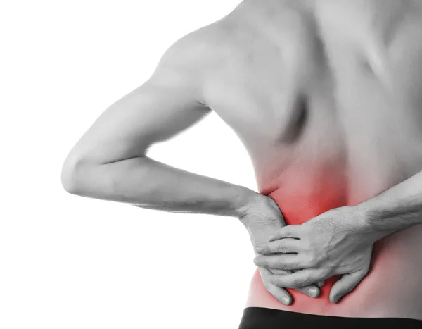 Rückansicht eines jungen Mannes mit schmerzverzerrtem Rücken, isoliert auf dem Rücken — Stockfoto