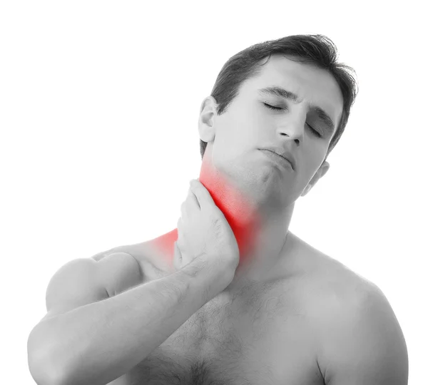 Junger Mann mit schmerzverzerrtem Hals, isoliert auf weißem Hintergrund — Stockfoto