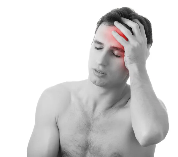 Homem com dor de cabeça isolado no fundo branco — Fotografia de Stock