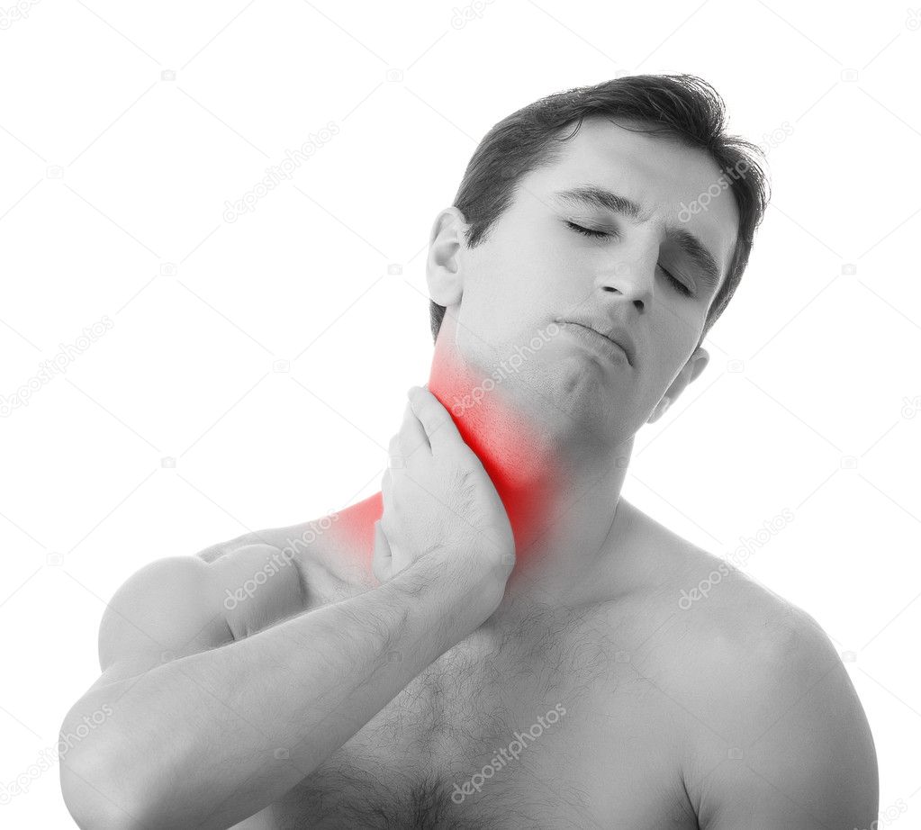 Young man holding his neck in pain, isolated on white background
