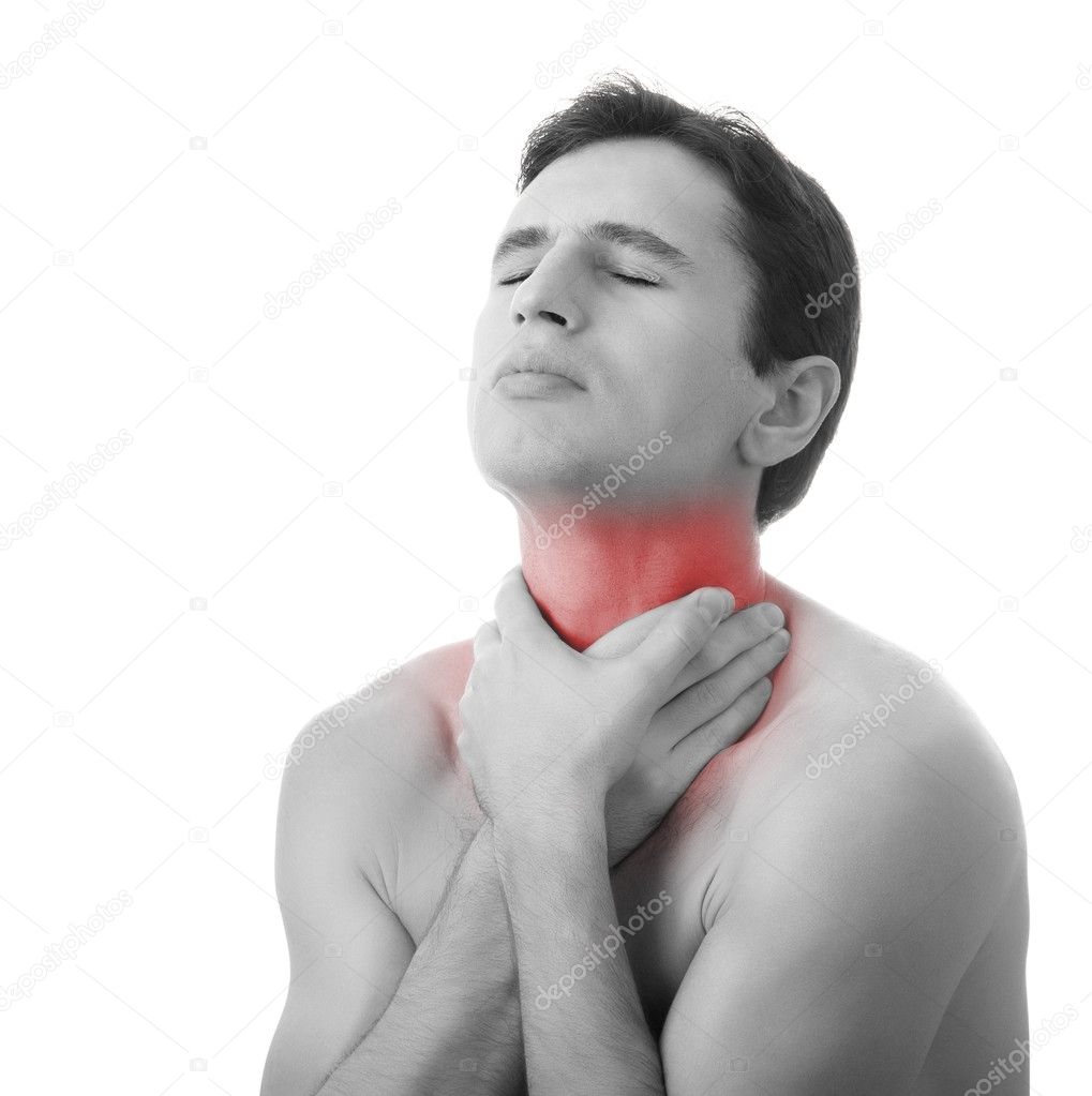 Young man holding his throat in pain, isolated on white backgrou