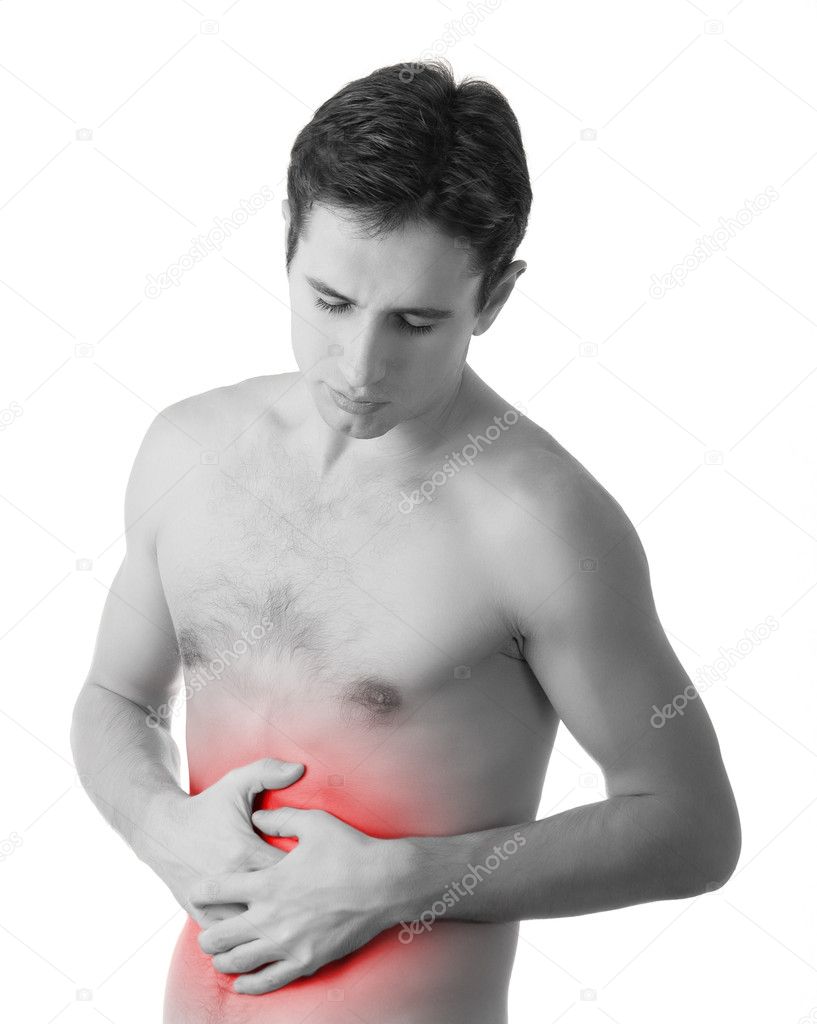 Young man holding his sick stomach in pain, isolated on white ba