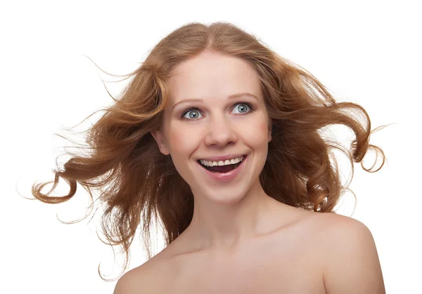 Beautiful cheerful girl with flowing hair laughs isolated on whi — Stock Photo, Image