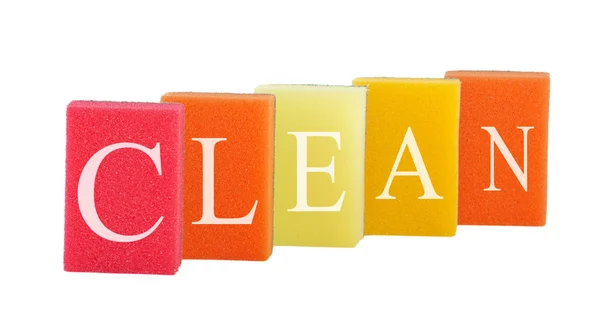 Concepto de limpieza. Grupo de esponjas coloridas de cocina con labio —  Fotos de Stock