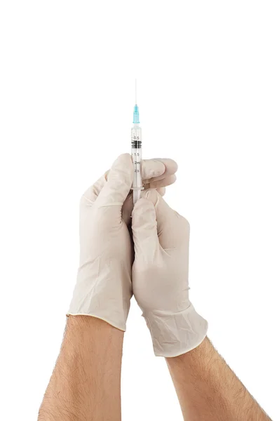 Doctor hands with gloves holding medical syringe isolated — Stock Photo, Image