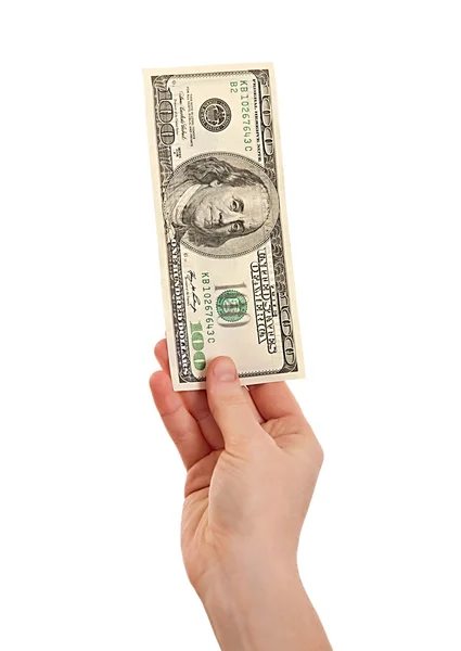 Vrouwelijke hand met geld dollar, 100 Amerikaanse dollar bankbiljet isolat — Stockfoto