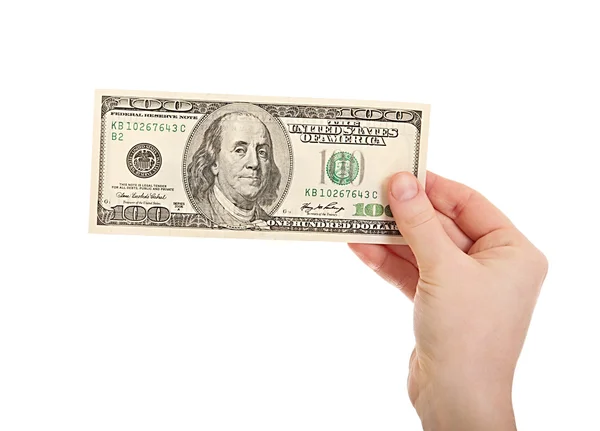 Weibliche Hand hält Geld Dollar, 100-Dollar-Banknote isolat — Stockfoto