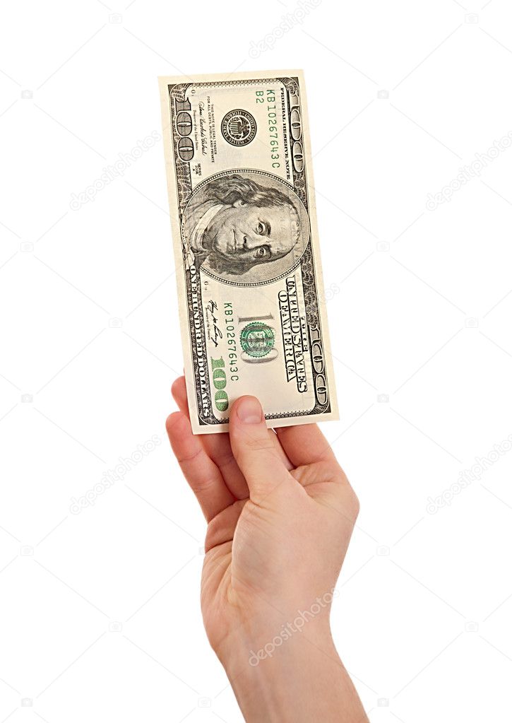 Female hand holding money dollars, 100 US dollar banknote isolat