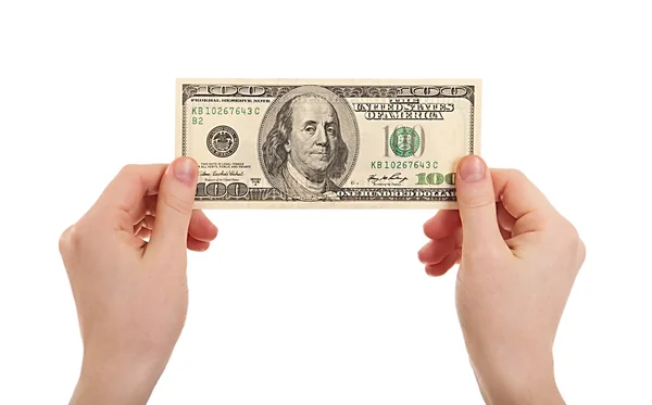 Emberi kéz tartja a pénzt dollár, 100 US dollár bankjegy isola — Stock Fotó