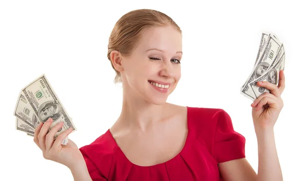 Beauty funny girl in a red blouse winks, holds the money, Americ — Stock Photo, Image