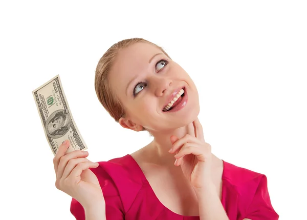 Cheerful dreamy girl in a red blouse holds the money, American d — Stock Photo, Image