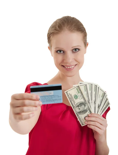Beautiful young woman chooses between a credit card, cash money, — Stock Photo, Image
