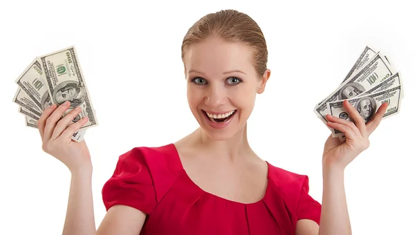 stock image Pretty funny young woman in a red blouse holds the money, Americ