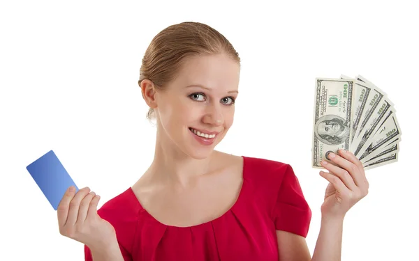 Beautiful young woman chooses between a credit card, cash money, Stock Picture