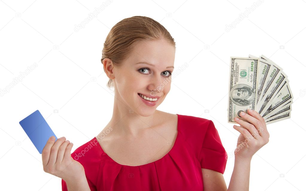 Beautiful young woman chooses between a credit card, cash money,