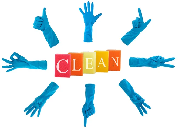 शुद्धता आणि घर स्वच्छ करण्याची संकल्पना. रबर हातमोजे कोलाज — स्टॉक फोटो, इमेज