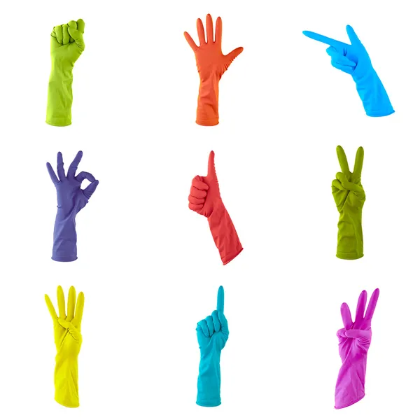 Collage de gants en caoutchouc coloré pour nettoyer la maison isolée — Photo