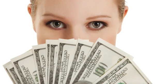 Face of beautiful young woman and the money- dollars — Stock Photo, Image