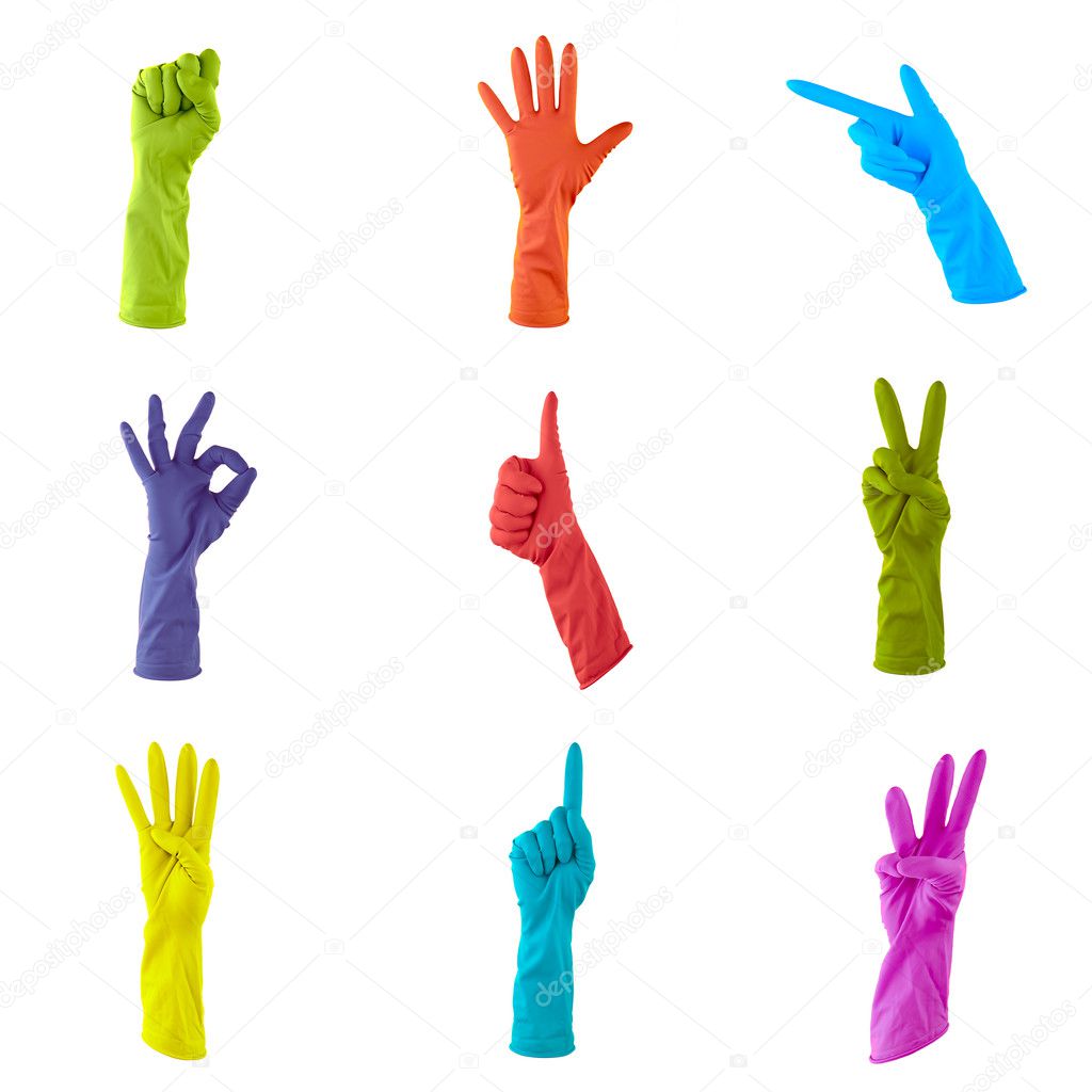 Collage of colorful rubber gloves to clean the house isolated