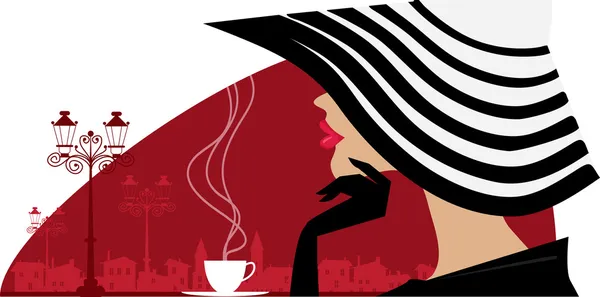 Stylowe kobieta w wielkim kapeluszu w kawiarni — Wektor stockowy