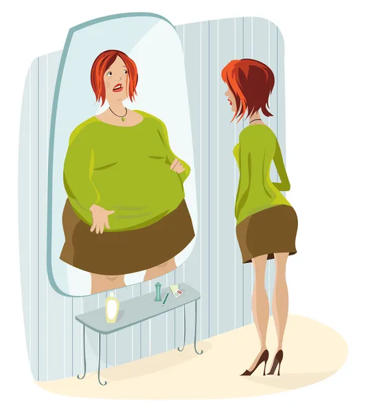 Lady terrified of her fat reflection — Stock Vector