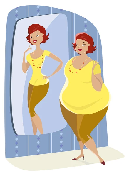 Volle Dame und ihr schlankes Spiegelbild — Stockvektor